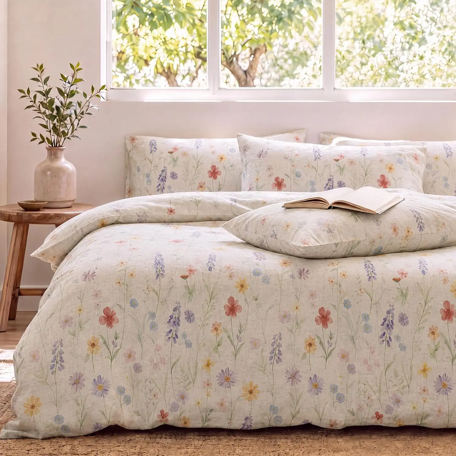 Linen Cotton Duvet Cover Set Queen/King Size, Red Floral Bedding Set, 3 Pieces Multicolor Botanical Duvet Cover with Hidden Zipper & 8 Corner Ties for All Season