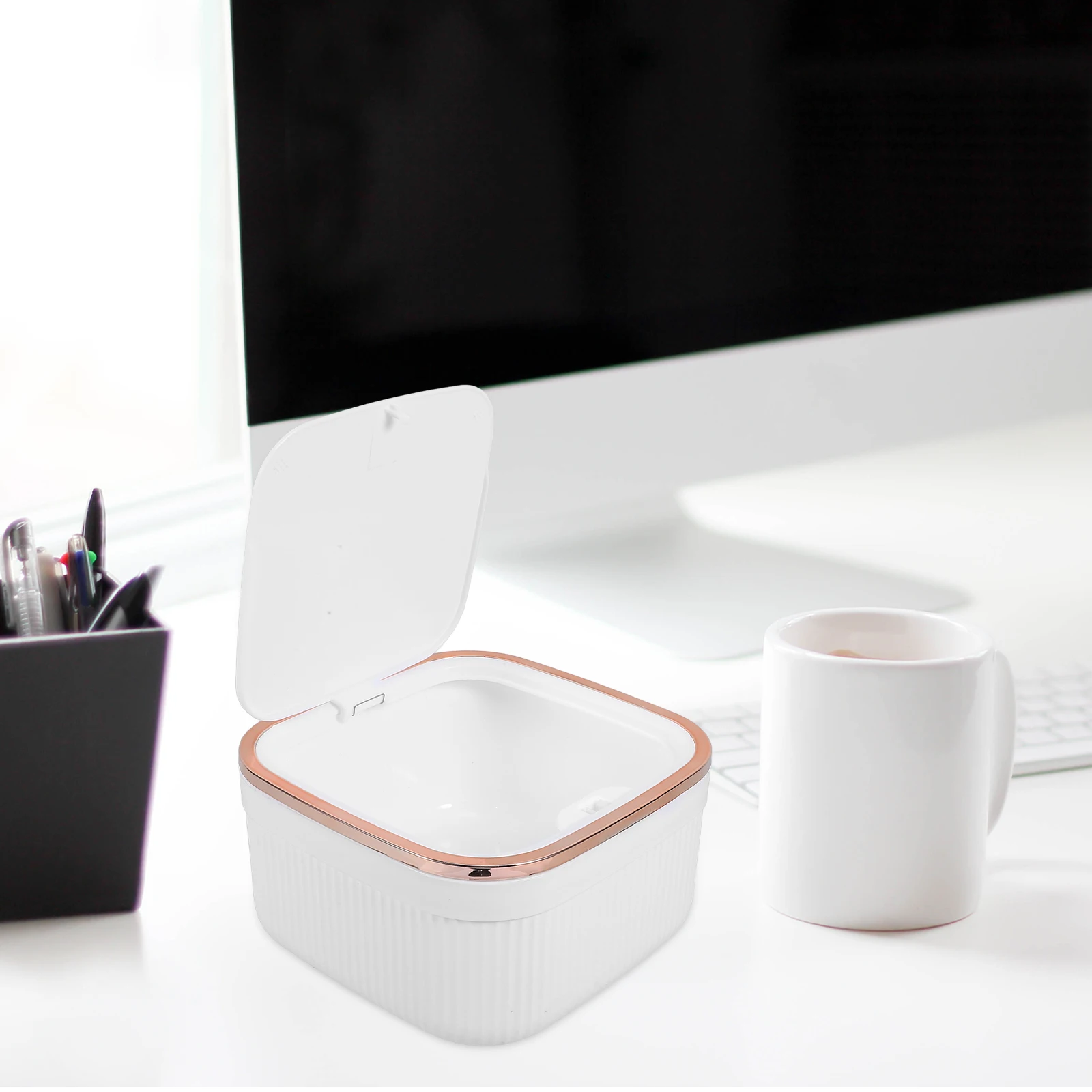 Versatile Garbage Bin Elegant Mini Trash Container With Cover For Neat Tabletop And Paper Waste Disposal