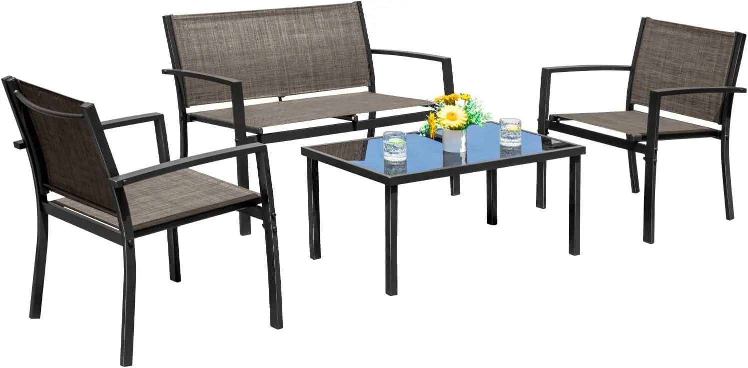 

4 Pieces Patio Furniture Set Outdoor Garden Patio Conversation Sets Poolside Lawn Chairs with Glass Coffee Table Porch Furniture