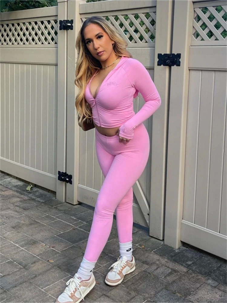 WLWXR Spring Black Casual 2 Two Piece Sets Vacation For Women 2024 Zipper Up Long Sleeve Hoodies And Pants Sets Pink Sweatsuits