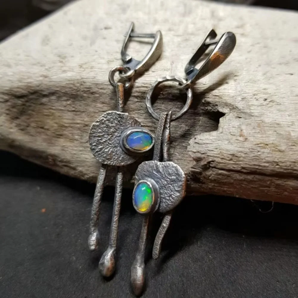 Female Dangle Earring Vintage Tribe Ethnic Hand Carving Asymmetry Metal Inlay Colorful Opal Stone Earrings For Womens Jewelry