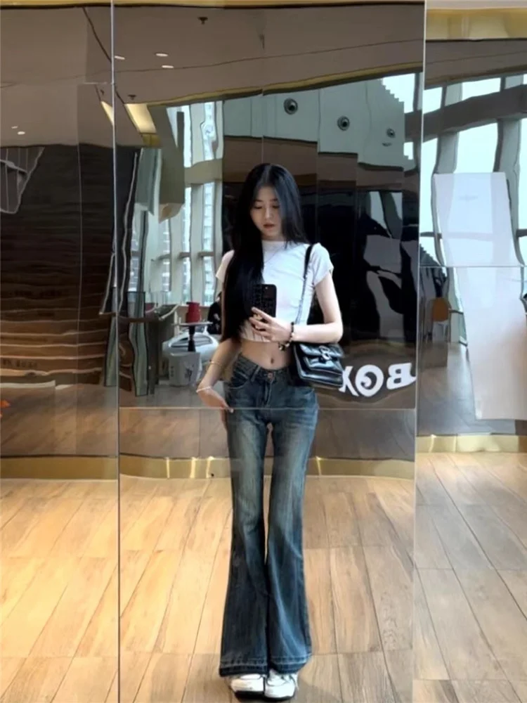 

Retro Low Waist Slim Fit Denim Jeans Women's Spring Autumn Frayed Floor-Length Taller Women's Extended Length Jeans