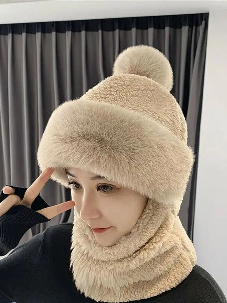 AliExpress Winter Women Plush Velvet Hats Neck Warmer Hat Scarf Set Beanies Cycling Windproof Hat Outdoor Ear Protection