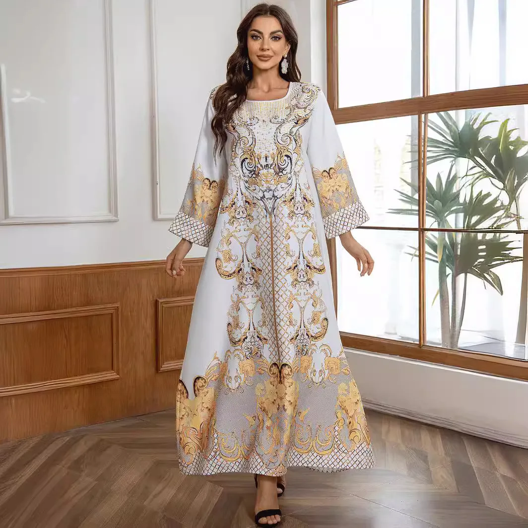 

Muslim Elegant Embroidered Abaya Rhinestone Beaded Long Evening Abaya Printed Modest Maxi Abaya Flowy Modest Party Dress