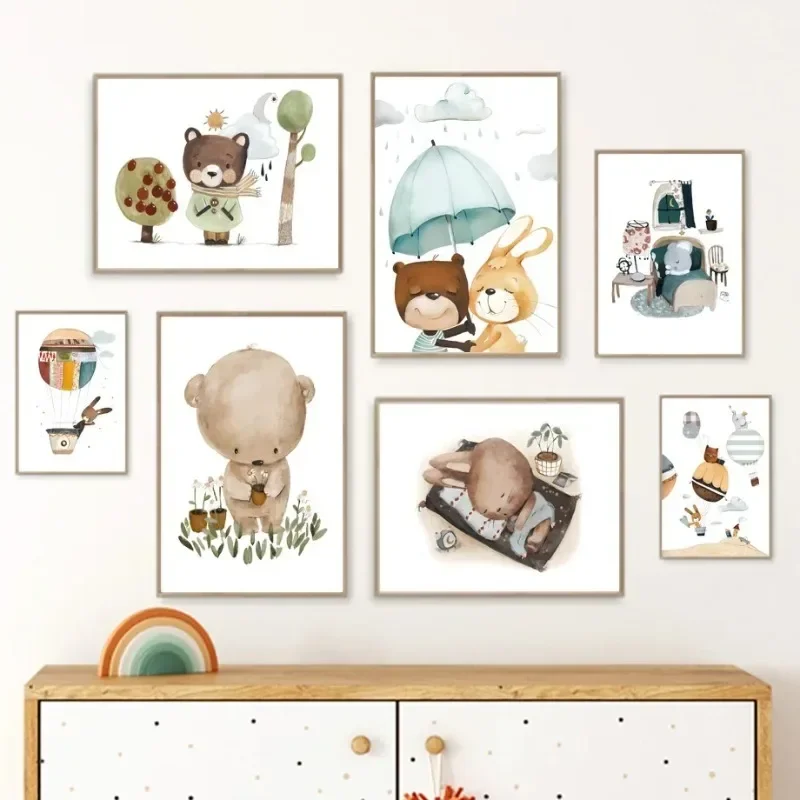 Canvas Painting Boho Cartoon Bear Rabbit Mouse Hedgehog Animal Posters Nursery Wall Art Print Pictures Baby Kids Room Home De