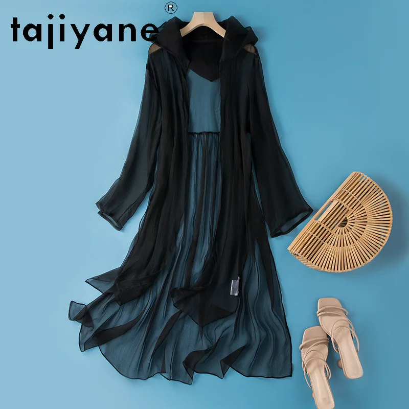 بلوزة TAJIYANE 100% من حرير التوت الحقيقي سترة حريرية طويلة أنيقة مع غطاء محرك السيارة معطف شال ملابس صيفية 2025 ملابس للسيدات
