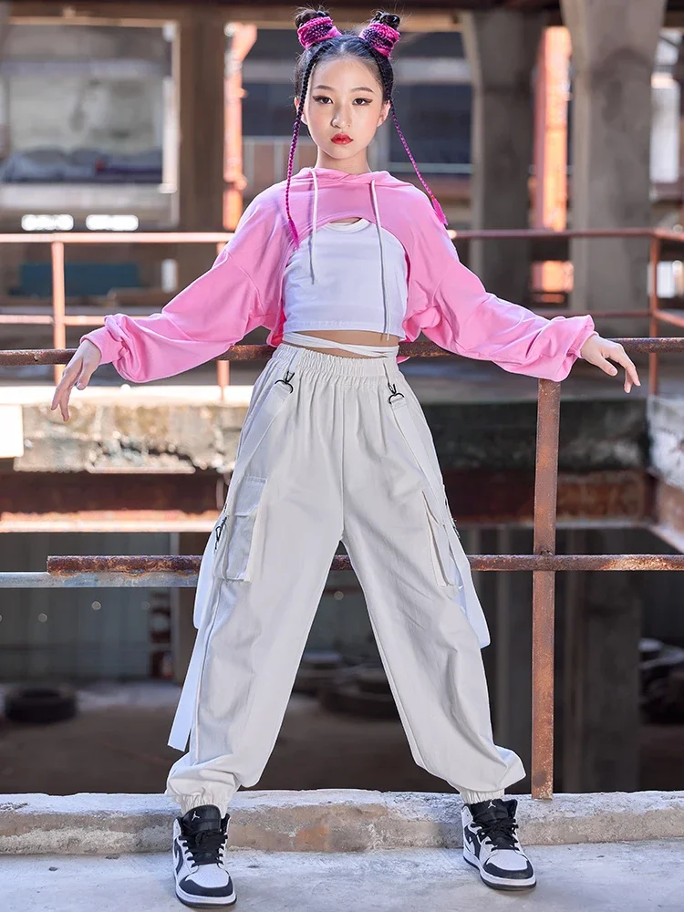 Pantalones Cargo para niños, traje de actuación de Hip Hop, ropa de escenario Kpop, ropa de baile de Jazz para niñas, disfraz de Hip Hop con capucha, Tops Rosas y blancos