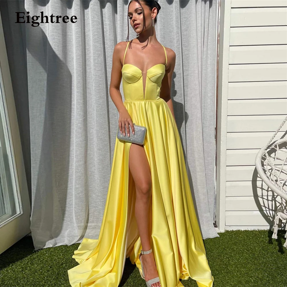 

Eightree Yellow A-line Evening Dresses Spaghetti Straps Vestido De Novia Sexy Criss-Cross Back Prom Gowns Split Party Dresses