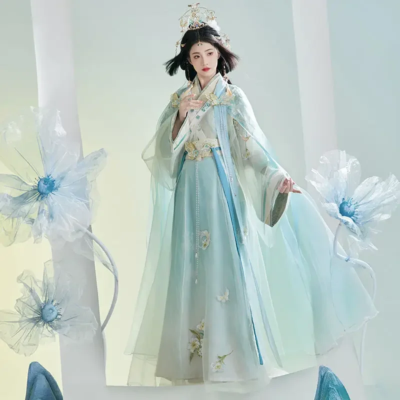 Chinesischen Stil Frauen Kleid Weiß Cyan Zwei Stück Top Blau Gestickten Rock Transparent Mantel Hanfu Kleid Mädchen Alte Kostüme