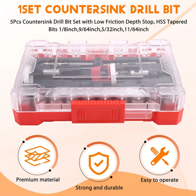 مجموعة مثقاب كونترسينك بإيقاف عمق احتكاك منخفض ، بتات مدببة HSS ، 1 ، 8 ، 9 ، 64 ، 5 ، 32 ، 11 ، 64 بوصة ، 5