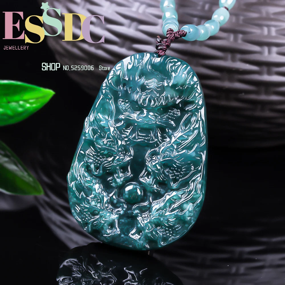 Genuine Grade A Jadeite Ice Jade Full-Color Blue Large Water Dragon Brand Pendant, Thick Double-Sided Exquisitely Crafted Jadeit