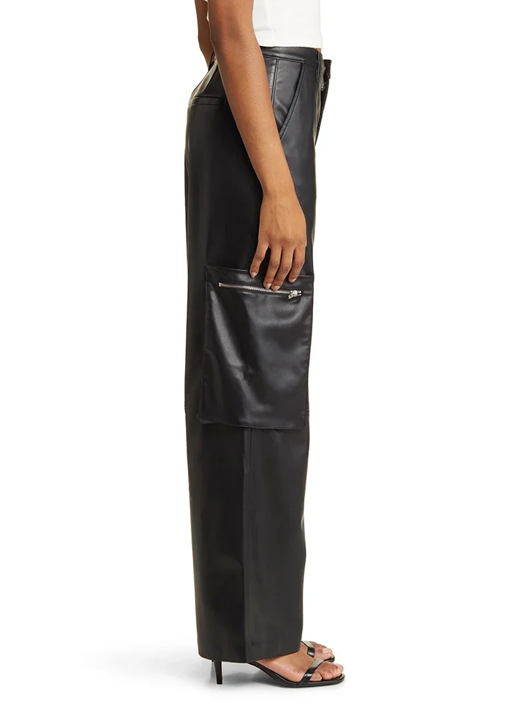 สีดําเคลือบหนังF Auxกางเกงคาร์โก้สําหรับผู้หญิงเอวสูงกางเกงขากว้างกับกระเป๋าสบายๆหลวมพอดีPUกางเกงตรง