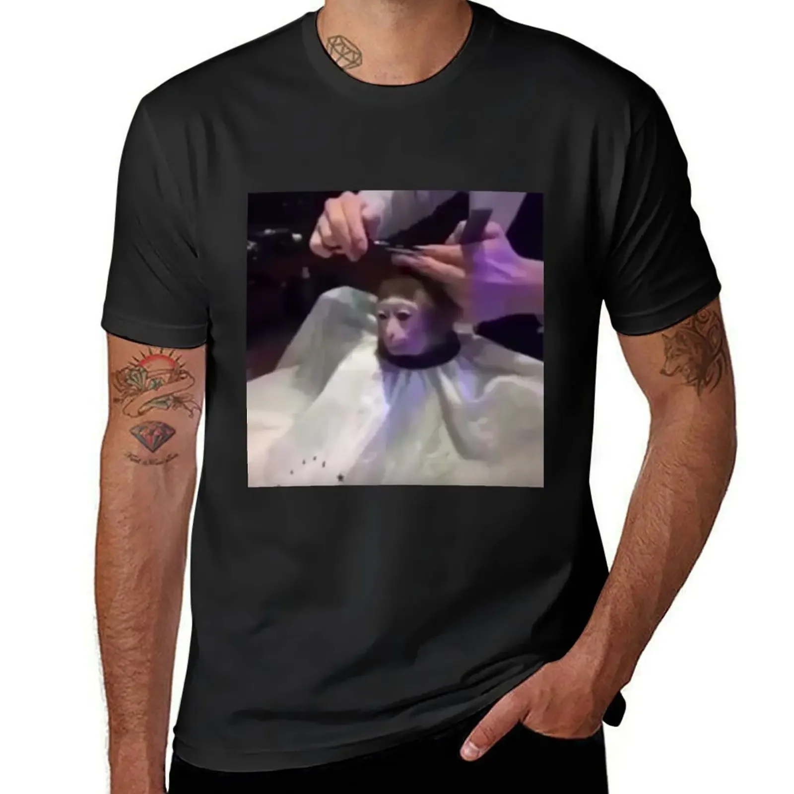 

Monkey getting a haircut. T-Shirt plus sizes Aesthetic clothing oversized T-shirts for men cotton