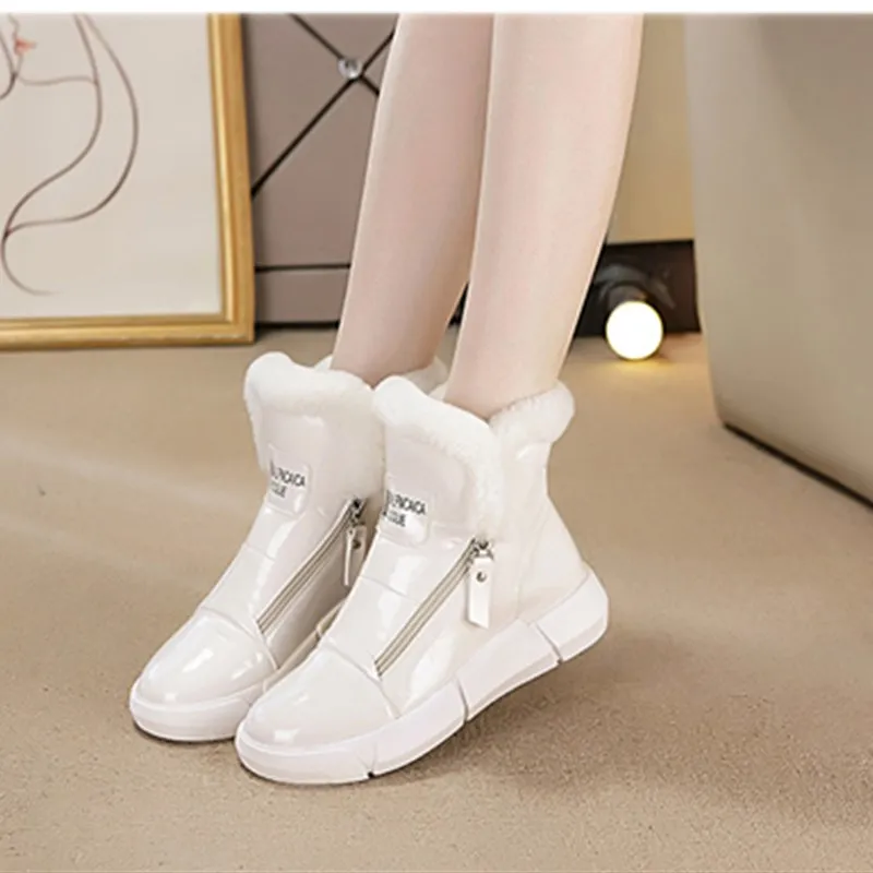 Mirror Leather Women Snow Boots Plush Warm Fur Causal Boots Shoes Sneakers Ankle Booties Platform Thick Sole Zipper Winter Shoes