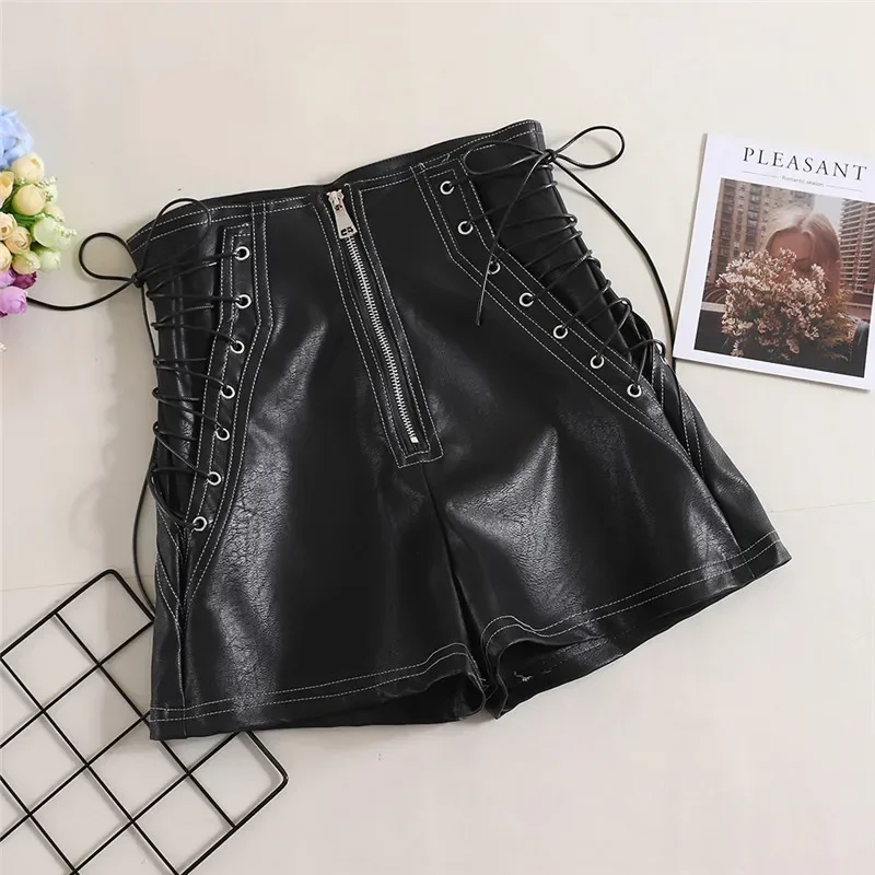 QNPQYX  New All Match Women PU Shorts Tie Bow Bandage High Waist Pants Casual White Black Leather Shorts Ladies Wide Leg Shorts