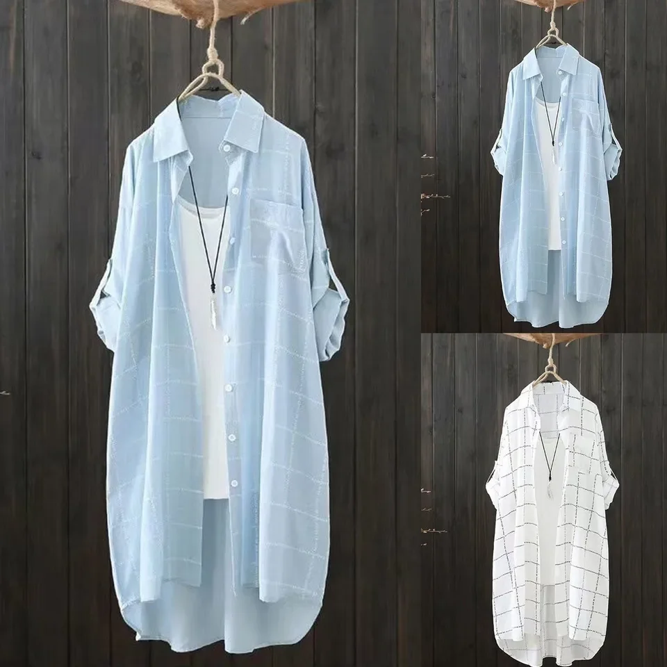 Kemeja Wanita Tipis Bernapas Cardigan Prancis Chic Panjang Sedang Musim Semi 2024 Motif Kotak-kotak Longgar Gaya Korea Ropa Mujer