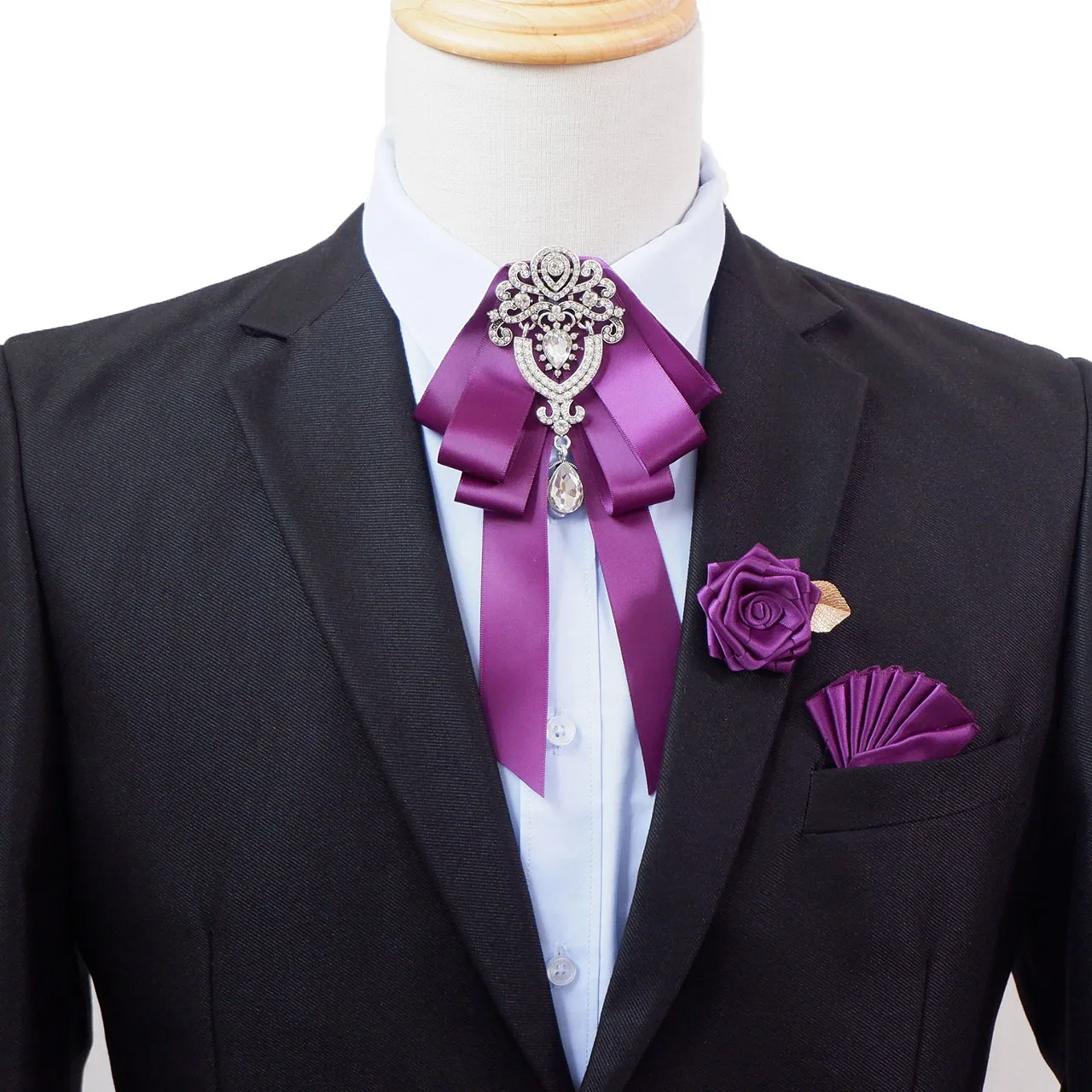 Men\'s Bow Tie Brooch Set British Korean Business Banquet Dress Suit Shirt Collar Flowers Men Wedding Bow-tie Brooches 3 Pcs Sets