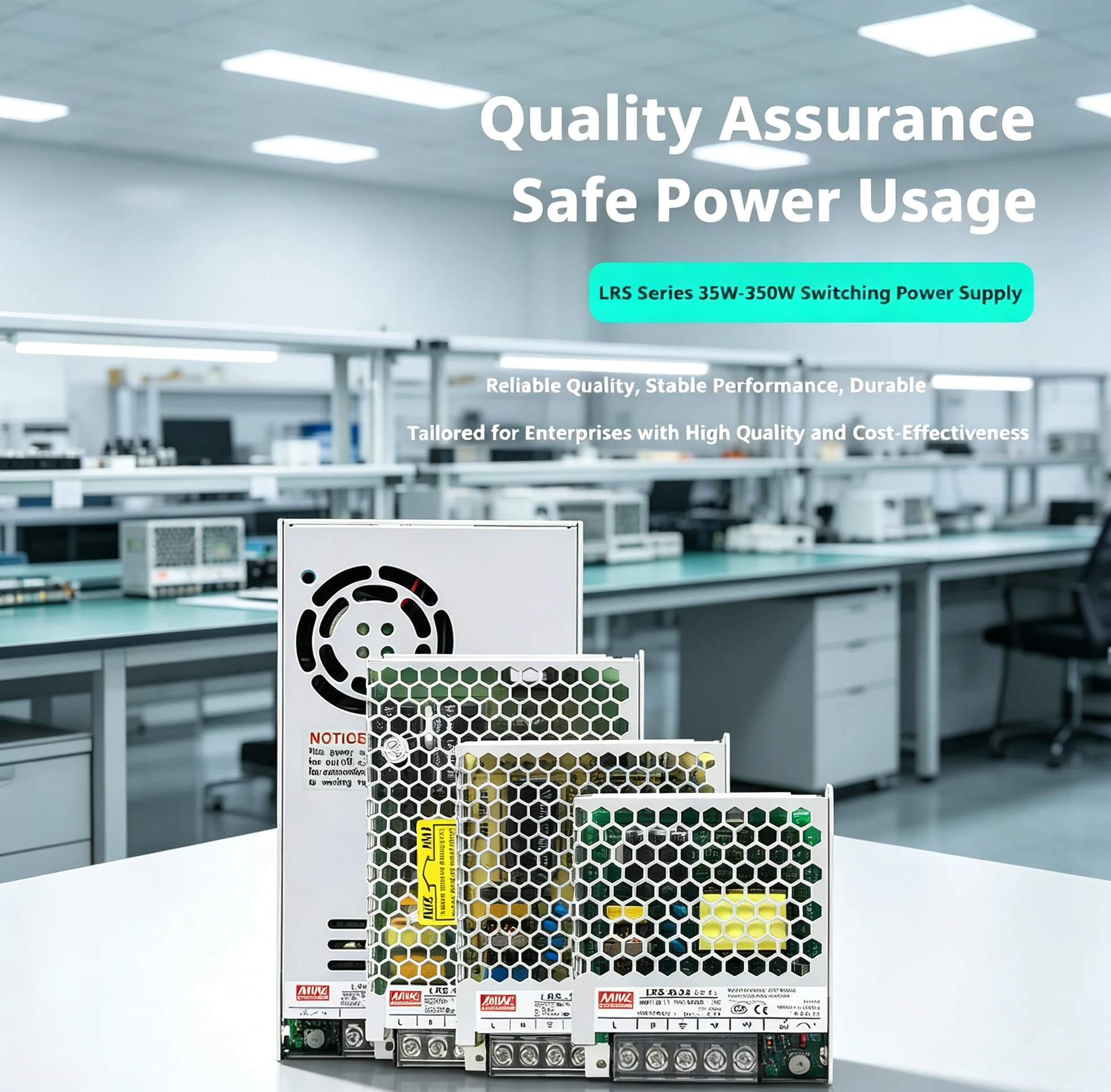 High-Current Switching PSU: LRS-200-5 (5V 40A), LRS-200-24 (24V 8.8A), 115×215×30mm, 6-Year Warranty, RoHS Compliant
