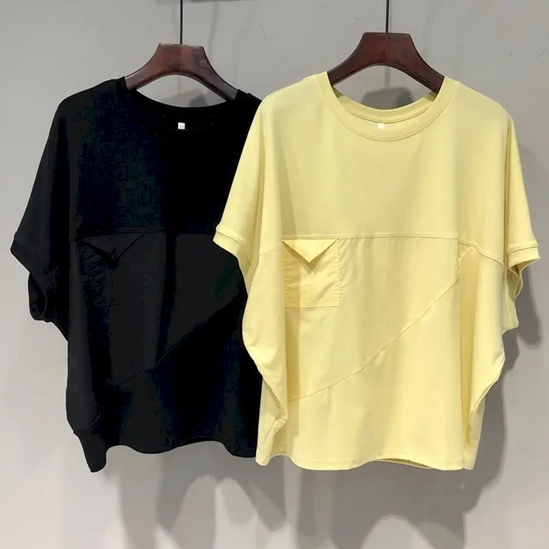 Oversized T Shirts Women Solid Color Patchwork Short Sleeve T-shirt 2025 Summer Trend Loose Casual Bat Sleeve T Shirt Design Top