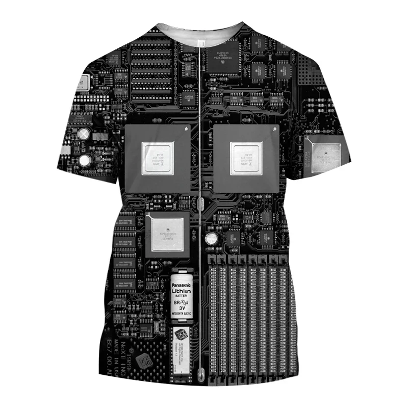 Summer Popular Circuit Board Pattern Men\'s T-shirt Casual Electronic Chip Creative Round Neck Comfortable Short Sleeved Top