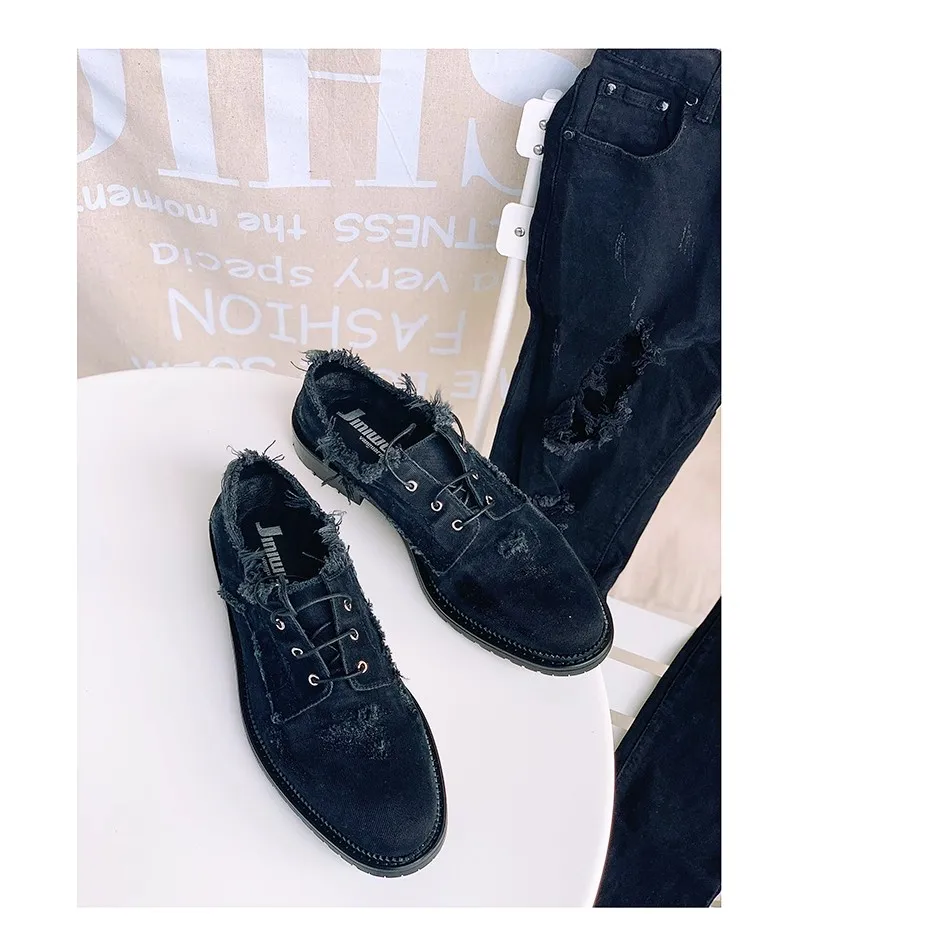 JINIWU 2026 Autumn Winter Men's Denim Leather Shoes, Black Washed Distressed Low Top Lace Up Minimal Men Dress Shoes