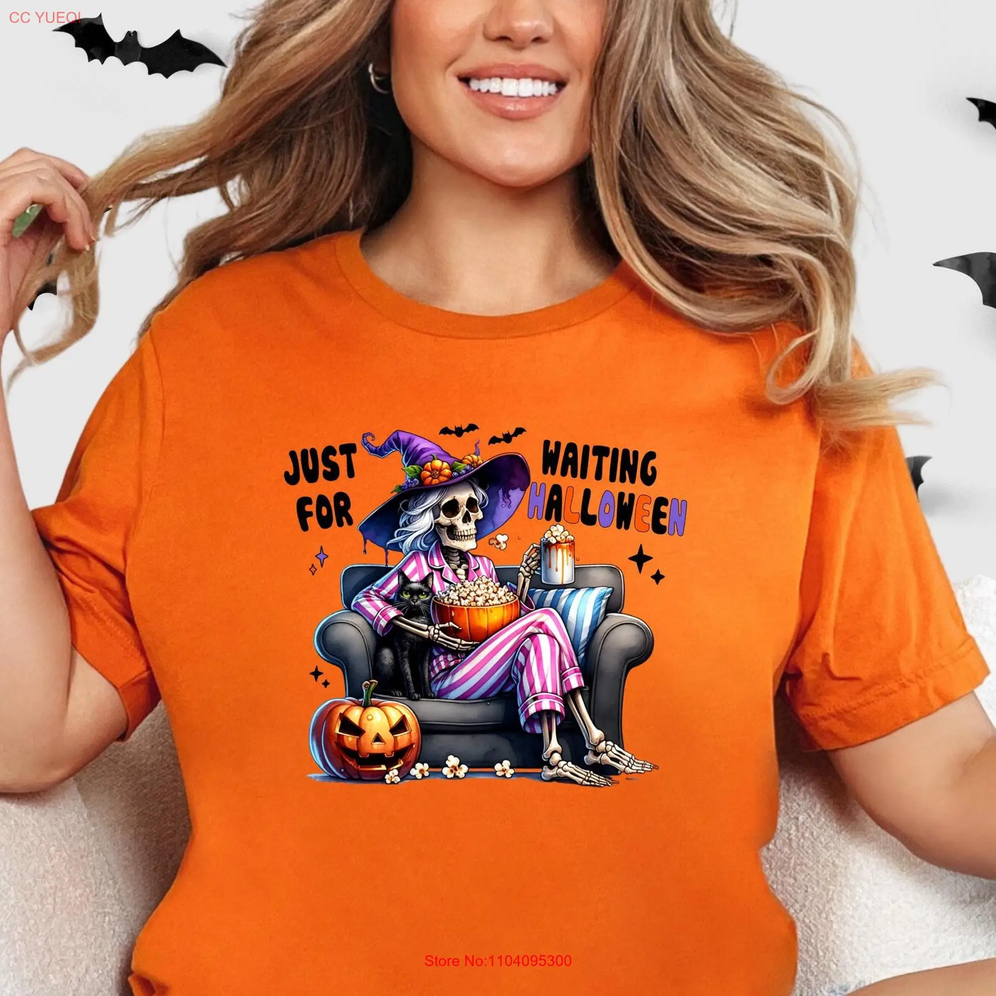 Just Waiting for Halloween T Shirt Witch Skeleton Party long or short sleeves