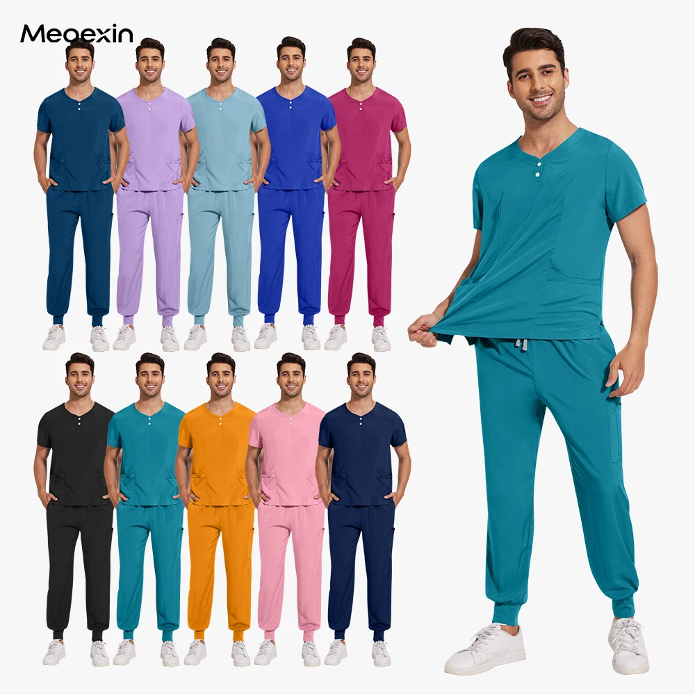 

Man and Women's Solid Color Scrub Sets Short Sleeve Top Pants Casual Uniform with Pockets Anti-wrinkle Surgical Uniform Workwear