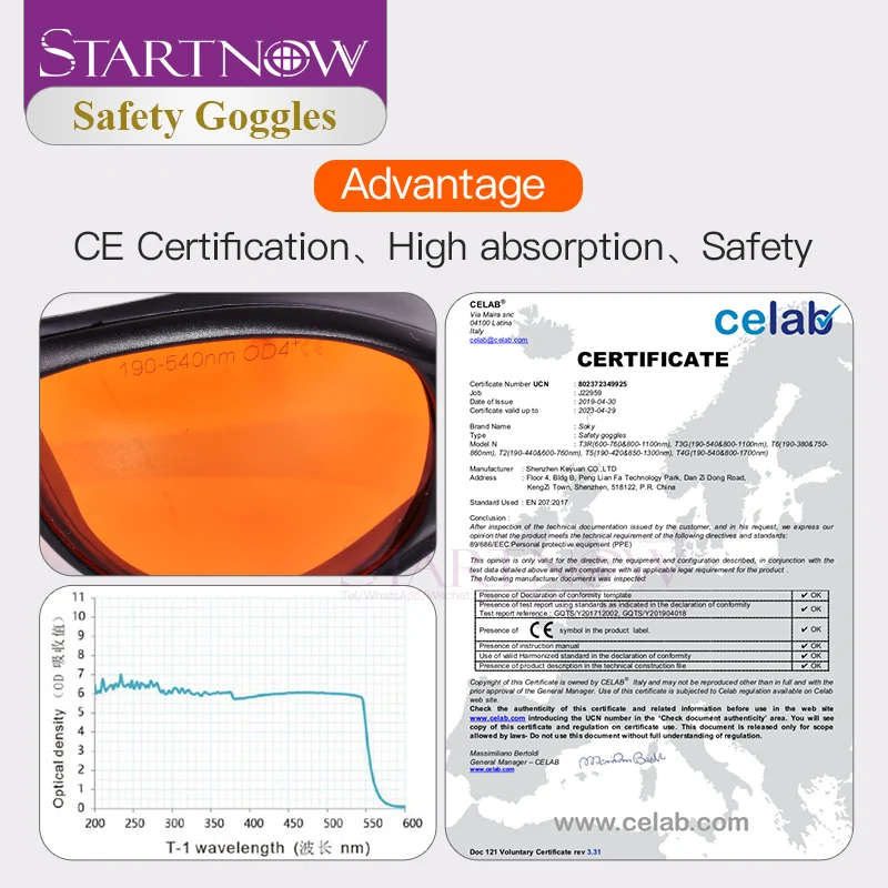 Startnow-UV Laser Radiação Marcação Óculos De Segurança, Proteção CE, Luz Azul, 388nm, 405nm, 190-540nm, 355nm