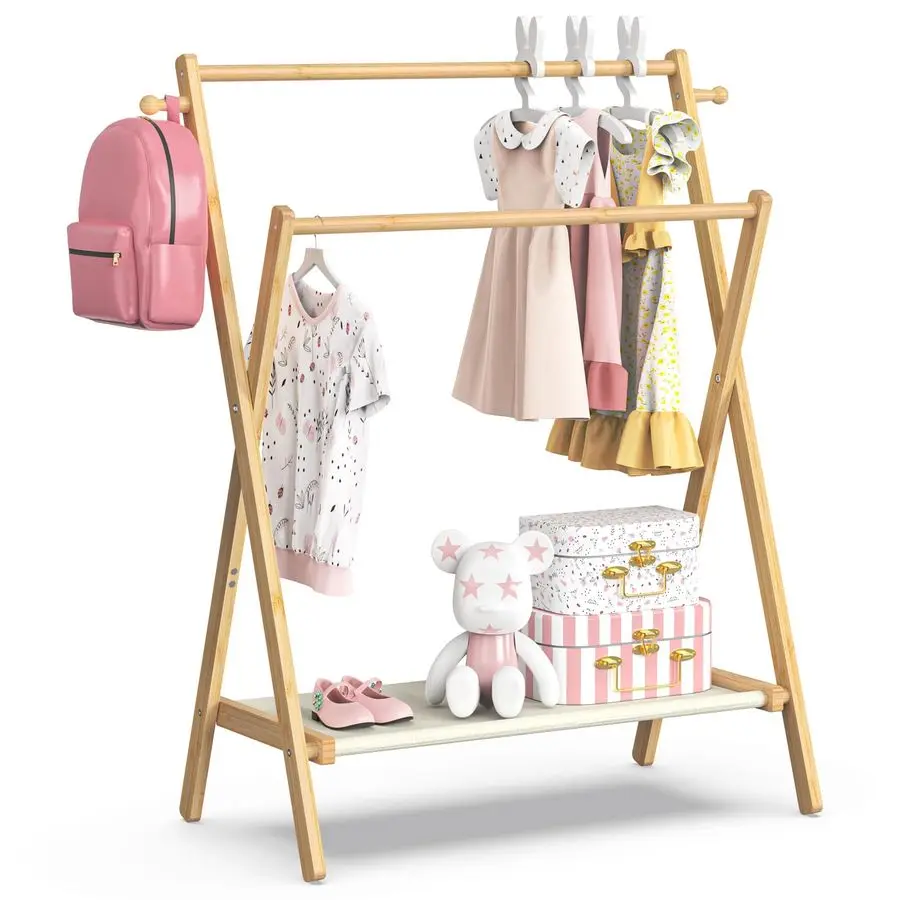 Kids Clothing Rack, Small Clothes Rack for Toddler Pets, Kids Dress Up Rack with Storage Shelf Double Rods, Foldable Kids Cloth