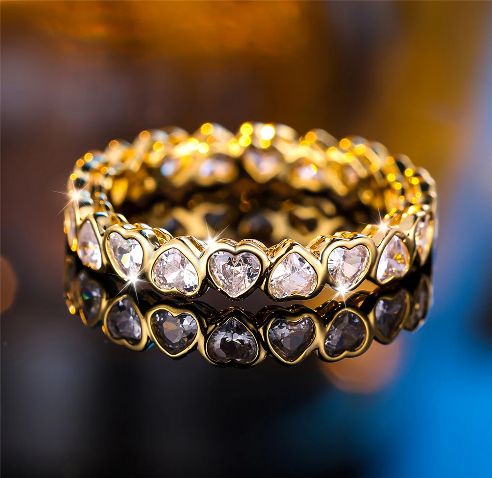 Trendy Weiß Zirkon Liebe Herz Vintage Gold Farbe Hochzeit Bands Verlobungsringe Für Frauen Männer Minimalistischen Schmuck