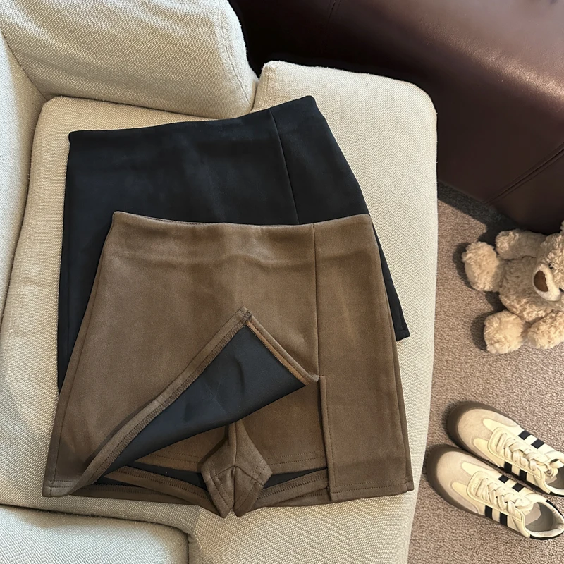 Koreaanse Eenvoudige Vrouwen Zwart Sexy Wrap Hip Korte Rokken Herfst Winter Bruin Hoge Taille Ritsen Half Mini Rok Kantoor Dames 2025