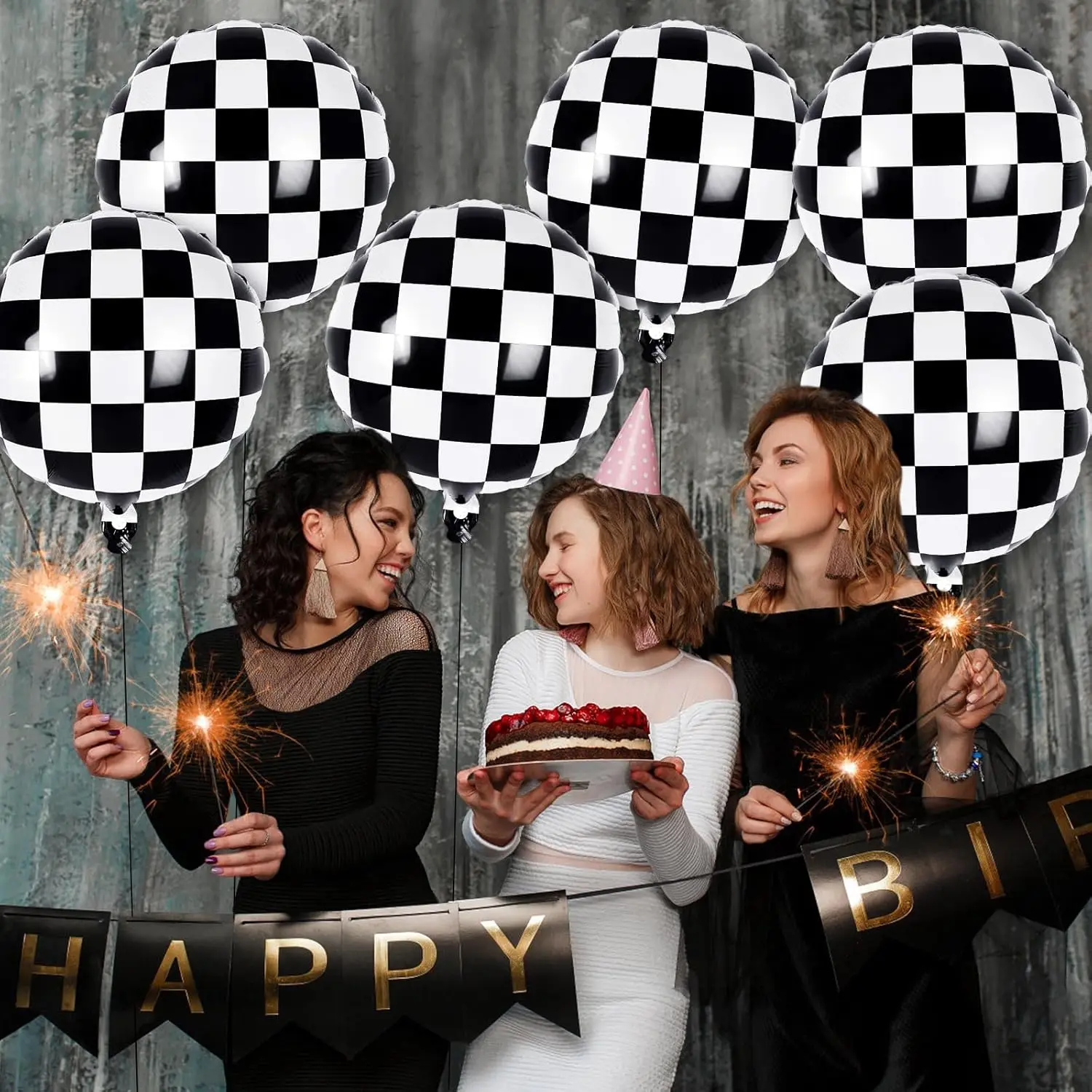 12 Pcs 18 Inch Black and White Checkered Racing Foil Balloons, Balloons for Race Car Birthday Party Supplies Decorations - view 4