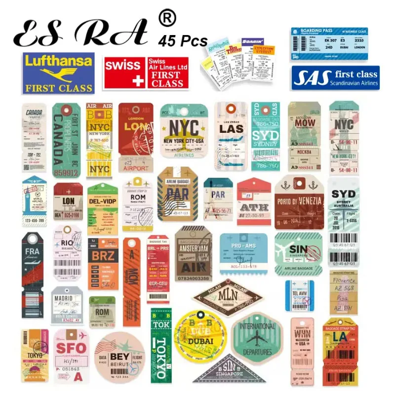 45Pcs Retro Boarding Pass Airplane Ticket First Class Travel Sticker Guitar Laptop Luggage DIY Waterproof Decal Vinyl Material