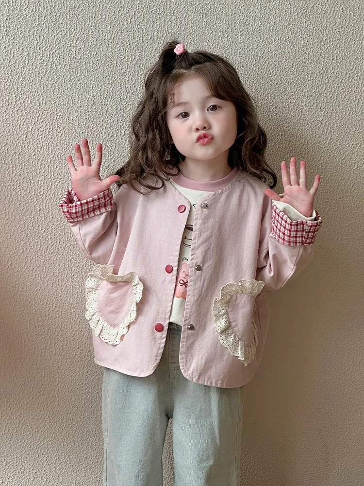 Spring Cartoon Print Girls Jacket Round Neck Lace Heart-shaped Pocket Single-breasted Jacket Autumn Baby Girls Loose Outerwear