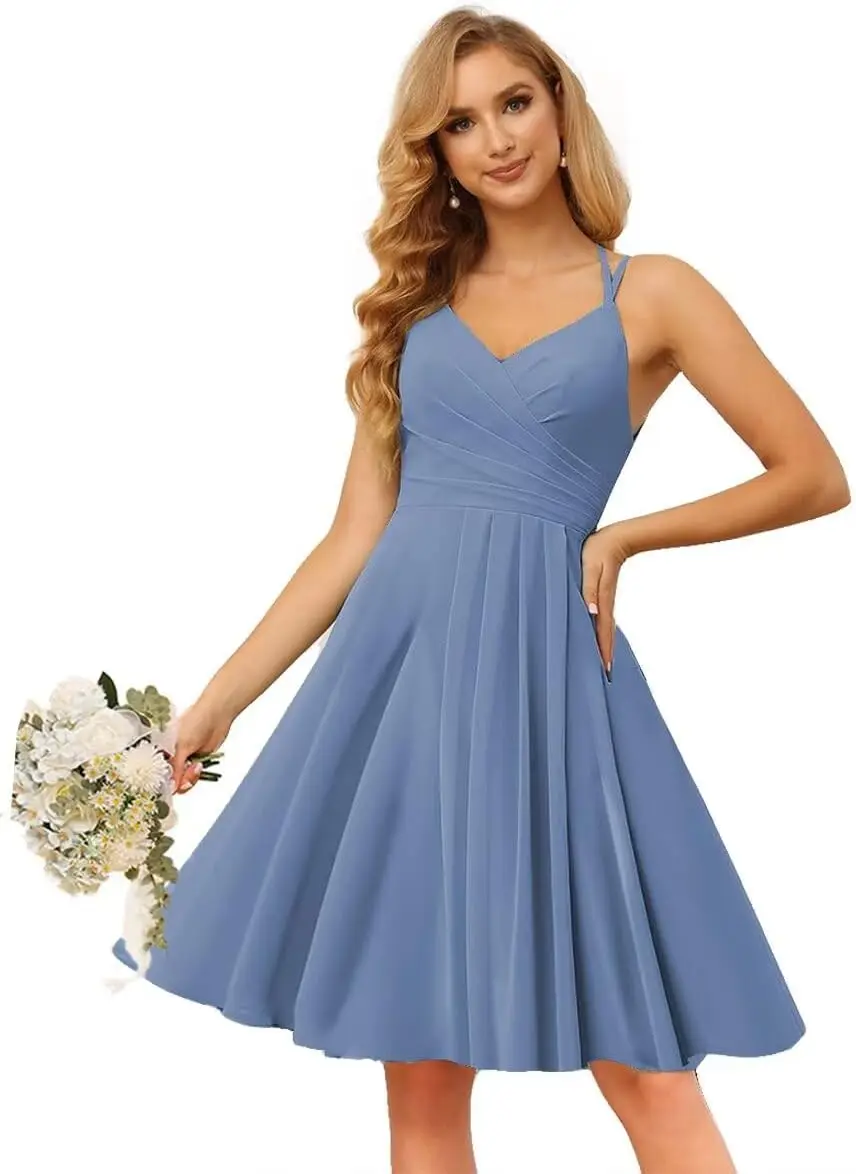 

Chiffon V Neck Bridesmaid Dress with Pleated Bodice A Line Chiffon Short Prom Homecoming Dress for Women cocktail dresses