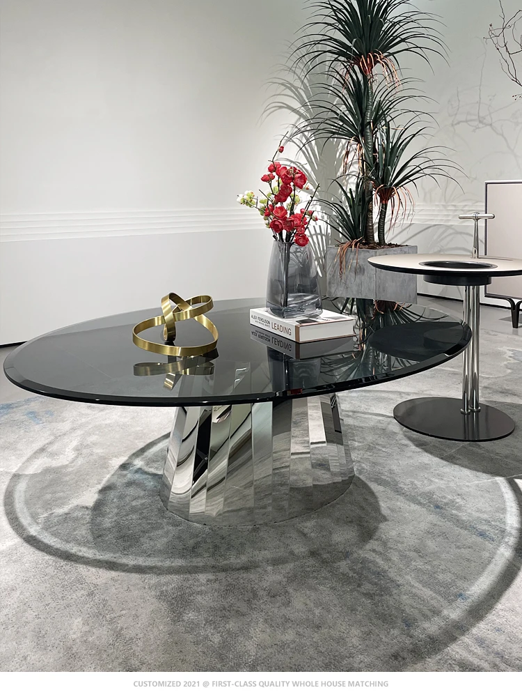 Oval stainless steel Italian minimalist light luxury modern living room fashion high sense tempered glass coffee table