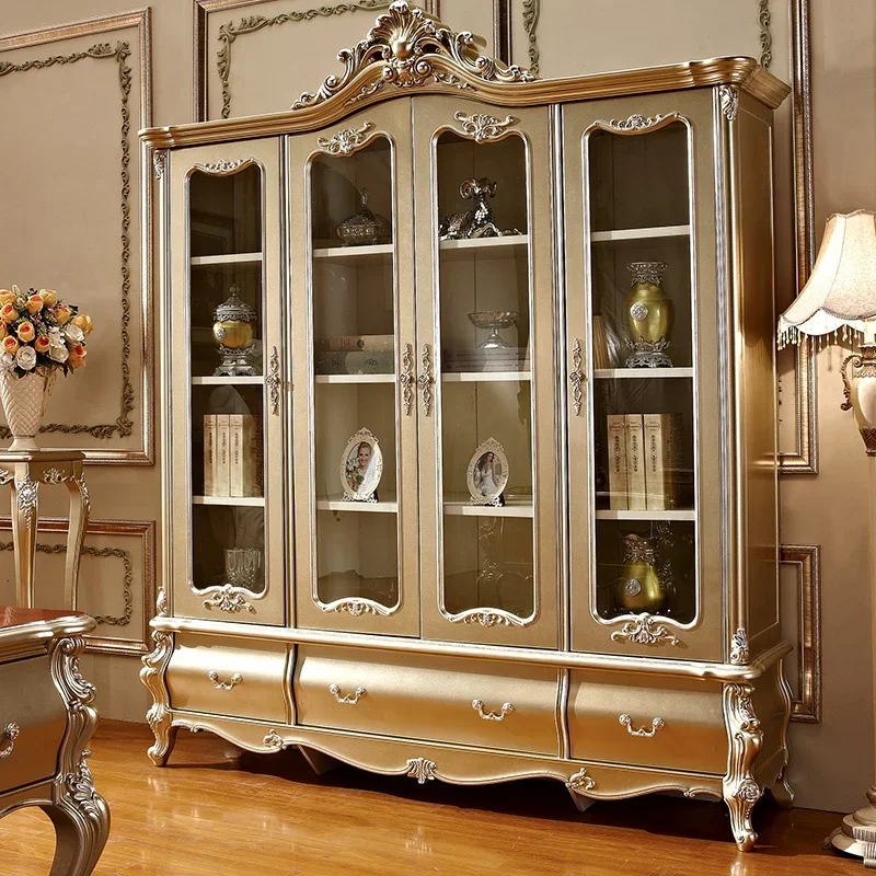 Chinese Furniture Factory Solid Wood Home Cabinet, Four Door Wine Storage Cabinet Luxury With Tempered Glass