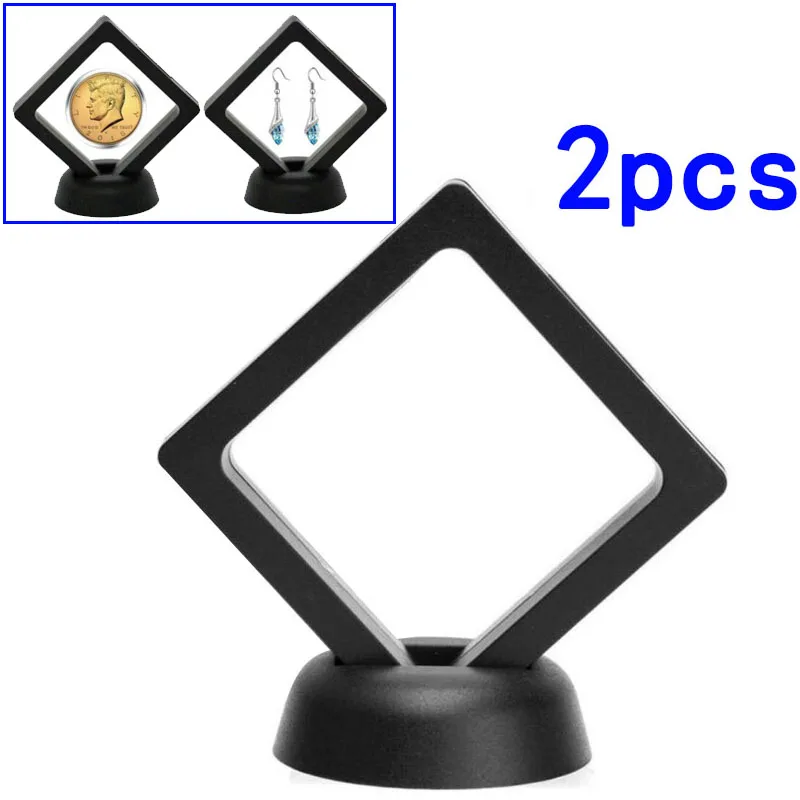 2 Pcs Coin Frame Penny 90x90mm Decoration Black Plastic Floating Display Holder Box Stand Collection Protection