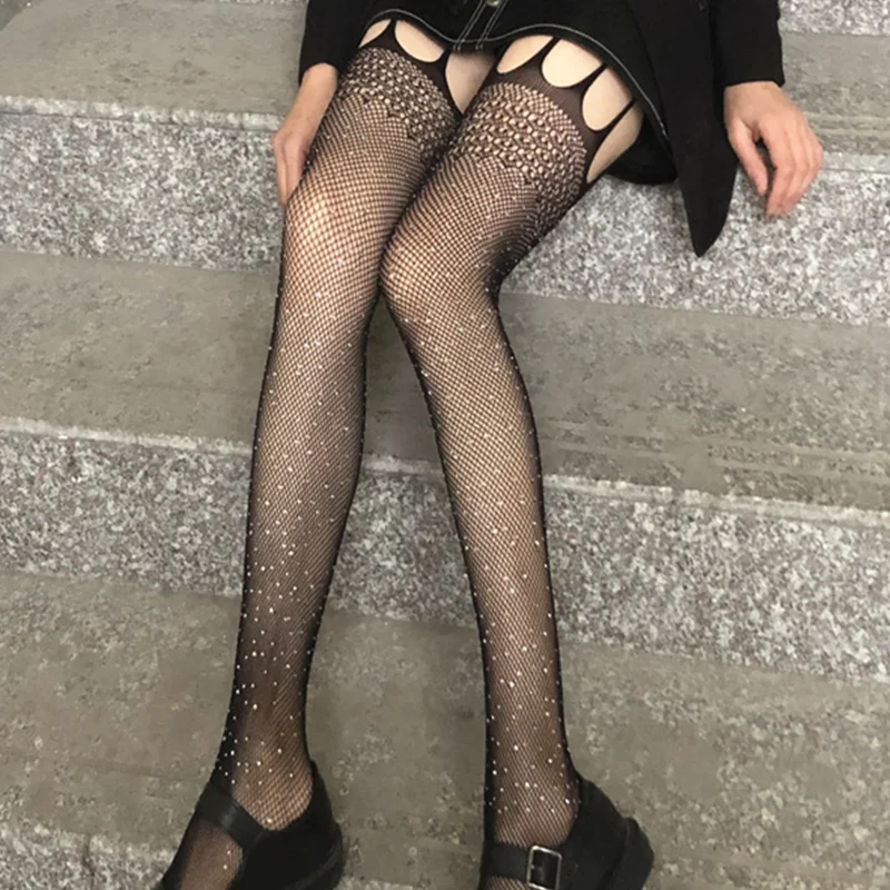 1 par de senhoras com suspensórios de renda de diamante meias arrastão meias pretas finas sexy collants