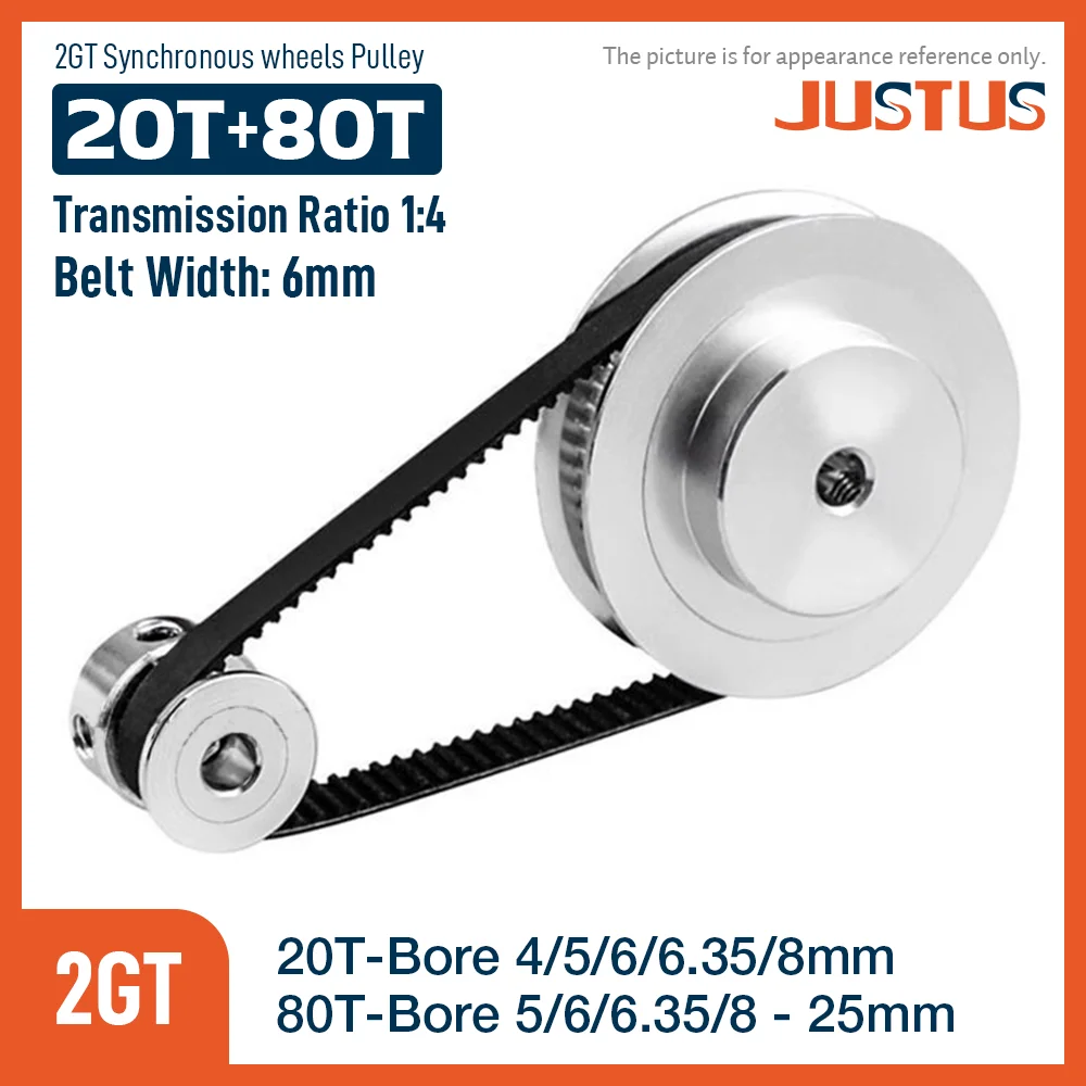 2GT 20T/80T BF Type Synchronous Pulley Belt Kit 1:4 Reduction Ratio Mechanical Transmission Assembly Band width 6mm
