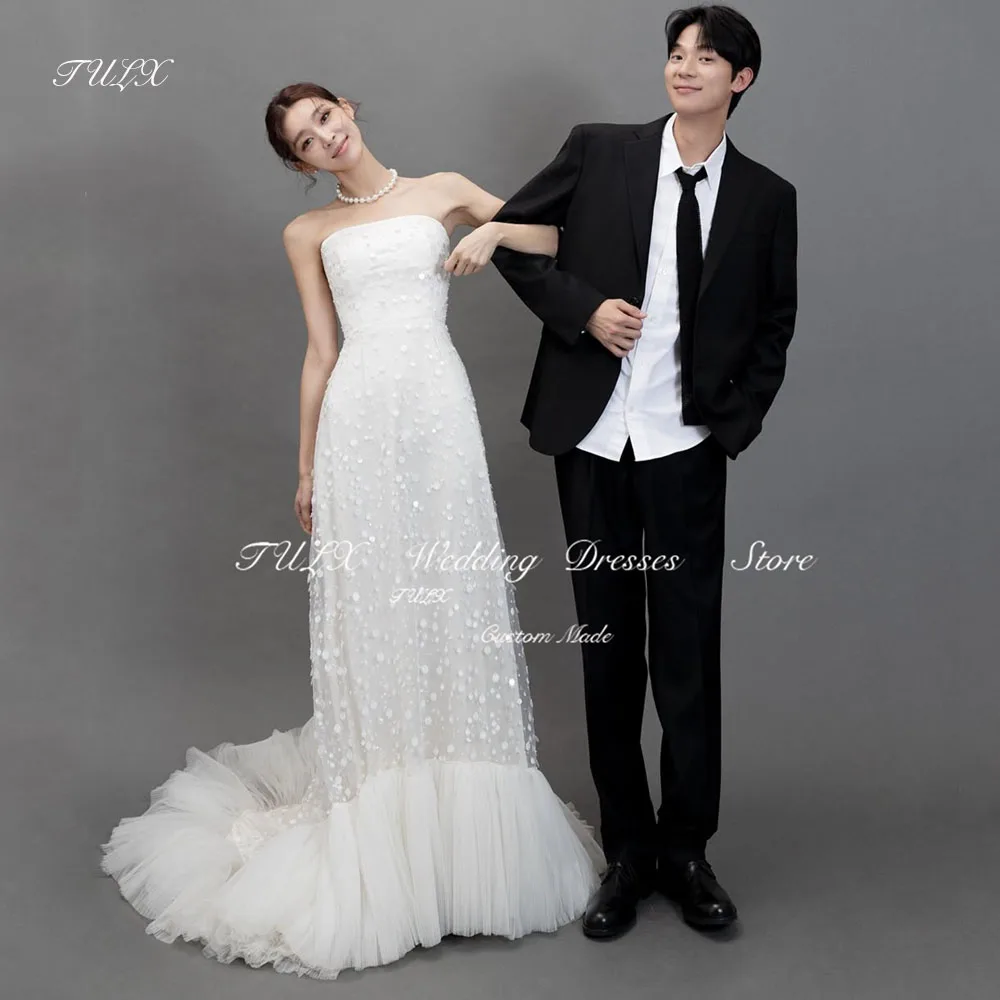 

TULX Luxury Lace Wedding Dress Photo Shoot A line Strapless Long Sweep Train Tulle Corset Korea Bridal Gowns 웨딩드레스 Customized