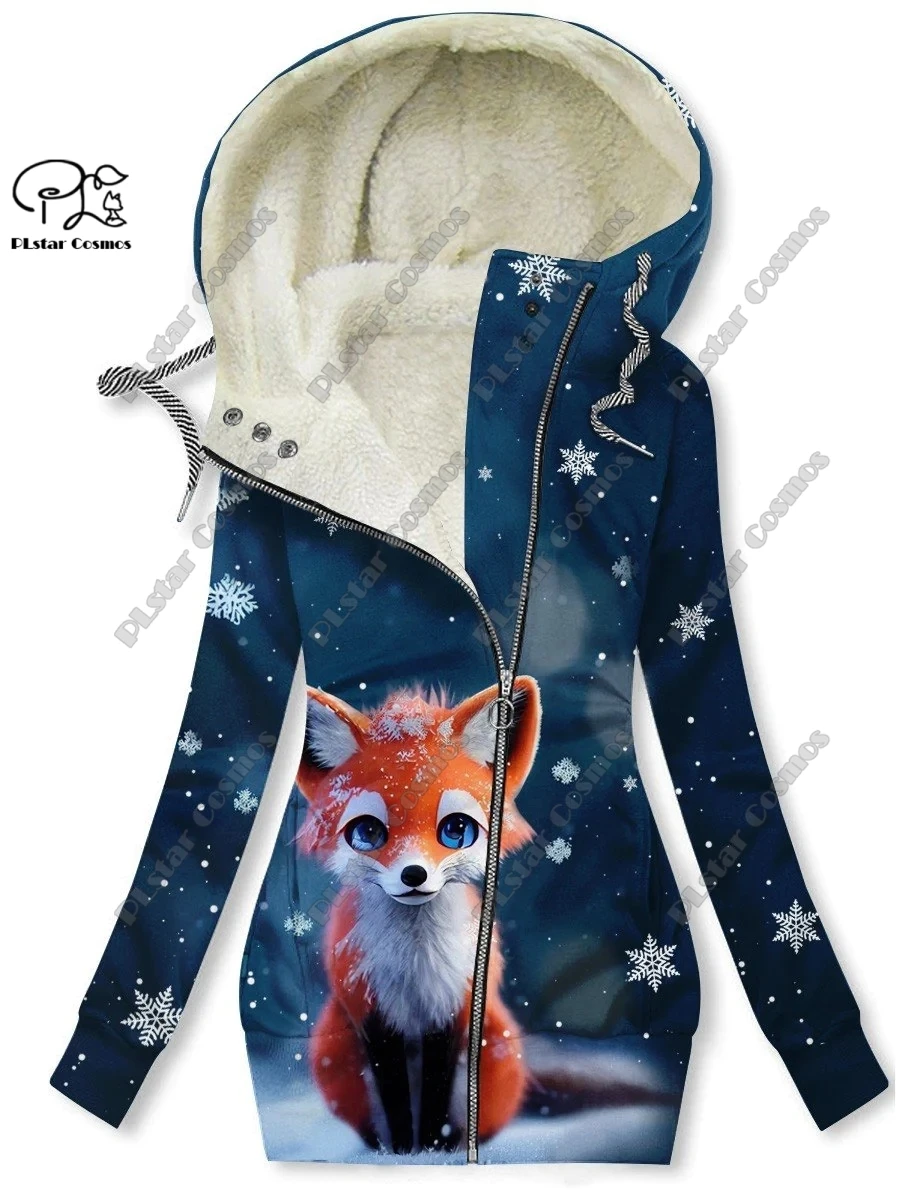 New 3D printing retro series floral and animal patterns plus velvet and warm women's long zipper sweatshirt casual winter L-21