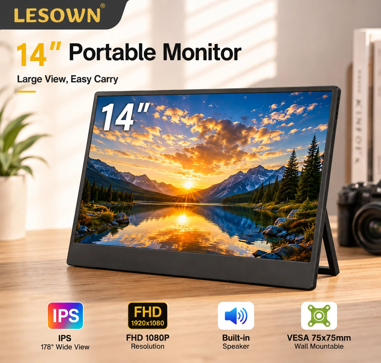 LESOWN 14 Inch Second Screen 1080P 16:9 Panel Instant Connection Portable Display for Business