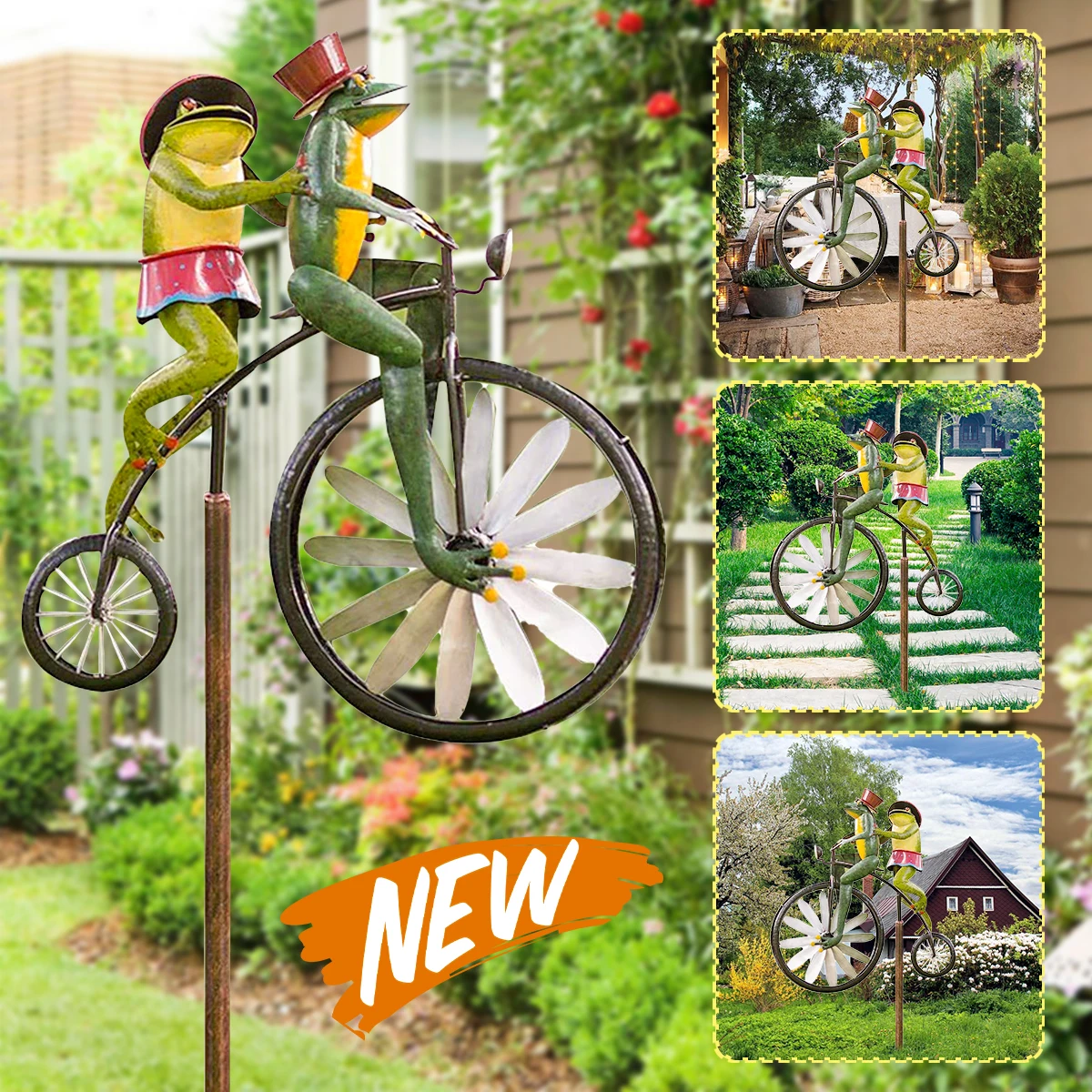 Funny Metal Frog Riding Spinners Vintage Bicycle Wind Sculptures Garden Animal Windmill Statues for Yard Lawn Patio Decoration