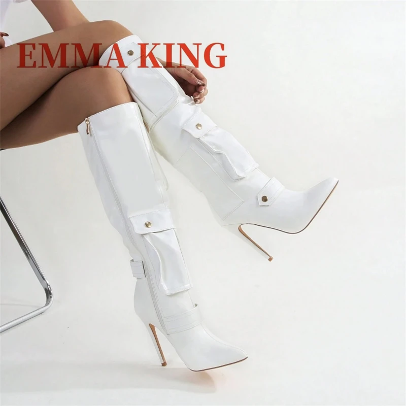 مثير جيب التفاصيل حذاء برقبة للركبة مدبب تو الخناجر أحذية عالية الكعب موضة أسود أبيض حفلة عادية الجانب سستة الأحذية #1