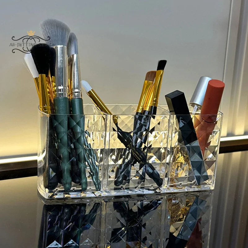 Bling Diamond Pen Container with 3 Slots Pencil Holder Makeup Brush Storage Box Rhinestone Desktop Dressing Table Organizer Tool