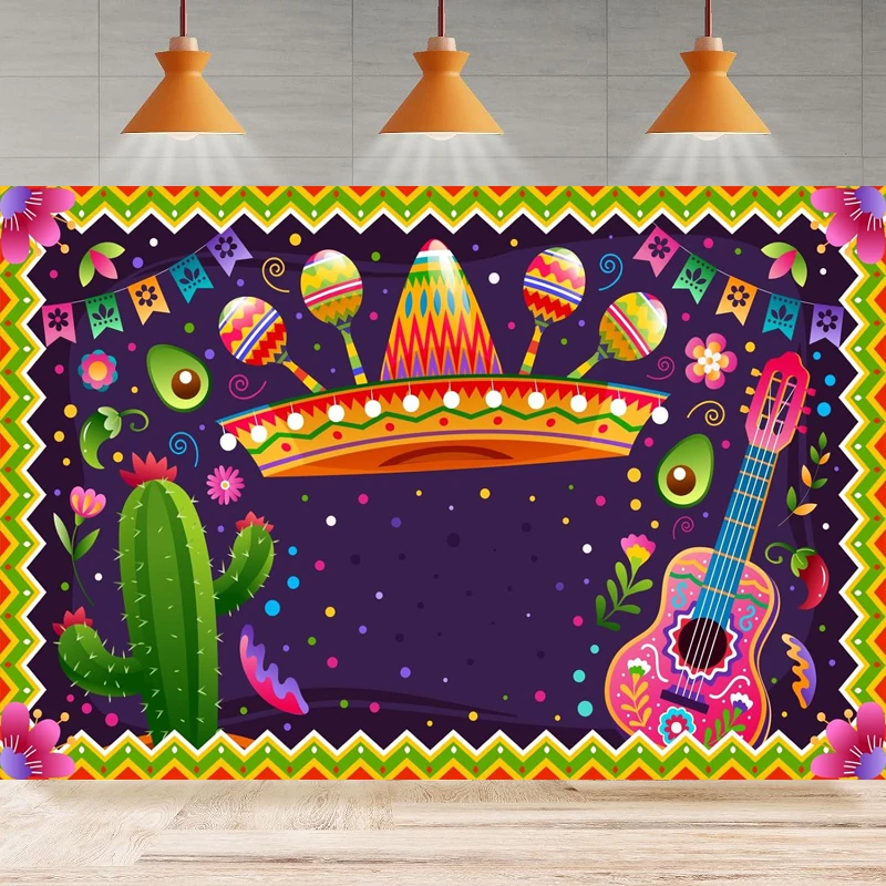 

Photography Background Mexico Latin Fiesta Spanish Chili Skulls Flowers Guitar Scene Cinco De Mayo Party Backdrop Wall Banner