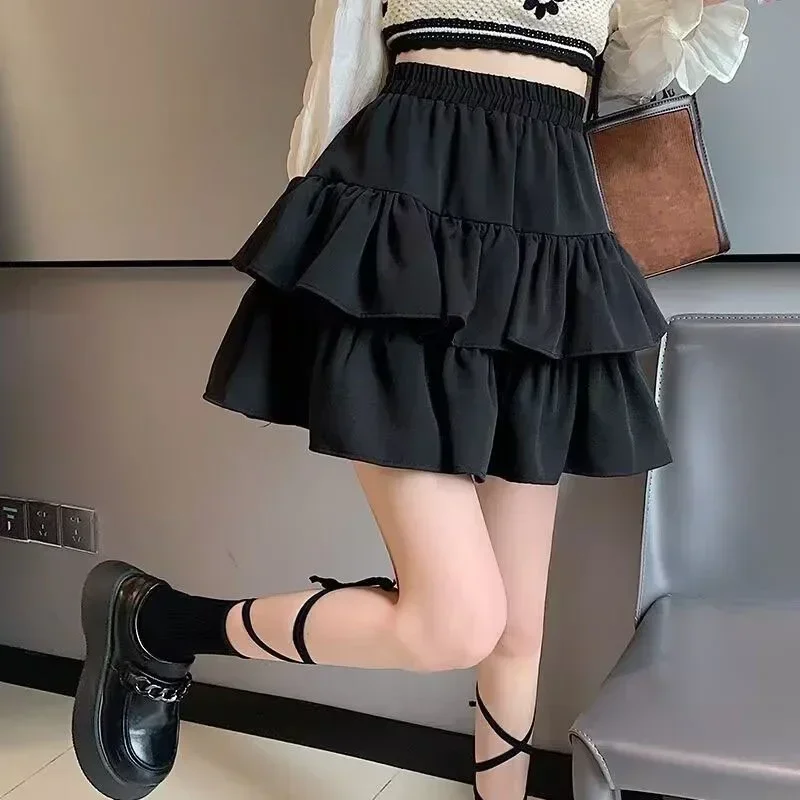 

Black Women Sweet Cake A-line Skirt Elastic Waist Preppy Style Solid Color Casual Korean Fashion Casual Cute Pleated Puffy Skirt