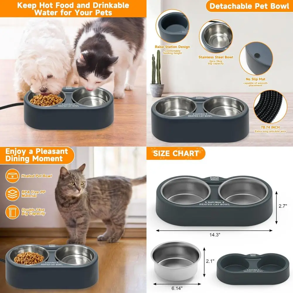 

Heated Cat Bowl, Outdoor Heated Pet Bowls with Double Stainless Steel Bowl 24 OZ, Water Food Bowls for Cat Pet, Provide Drinkabl