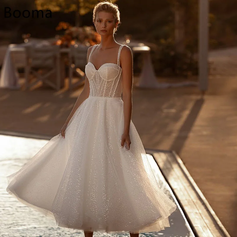 

Booma A Line Wedding Dresses Spaghetti Straps Mid-Calf Evening Party Dresses Women's Bridal Gown Customized